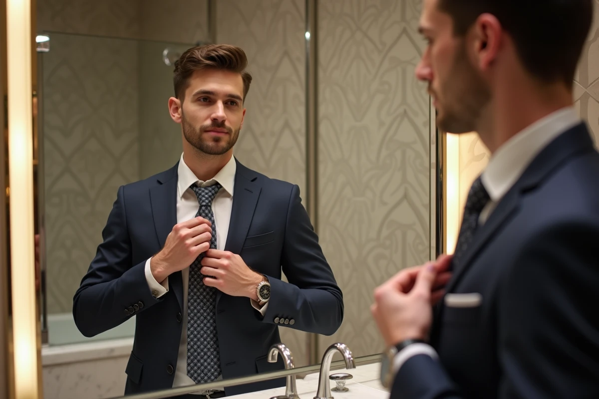 Jeune homme ajustant sa cravate devant un miroir élégant
