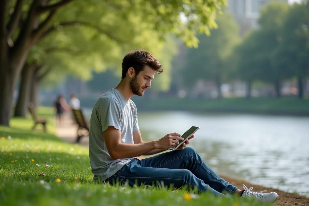 Jeune homme assis au parc au bord de la rivière avec tablette