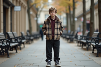 Jeune garçon en streetwear pose dans une rue élégante
