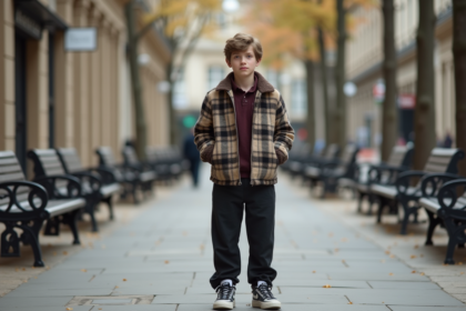 Jeune garçon en streetwear pose dans une rue élégante