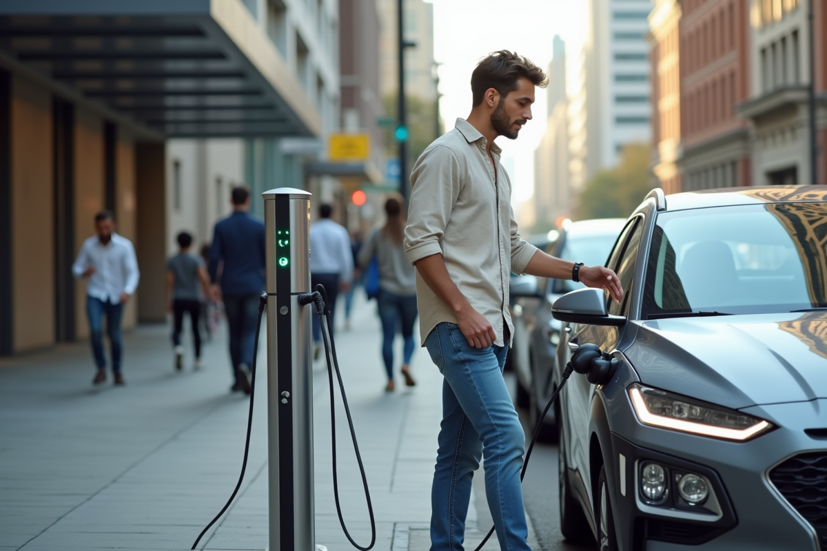 Jeune homme consulte une station de recharge urbaine moderne