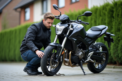Jeune homme verrouillant sa moto dans une cour résidentielle