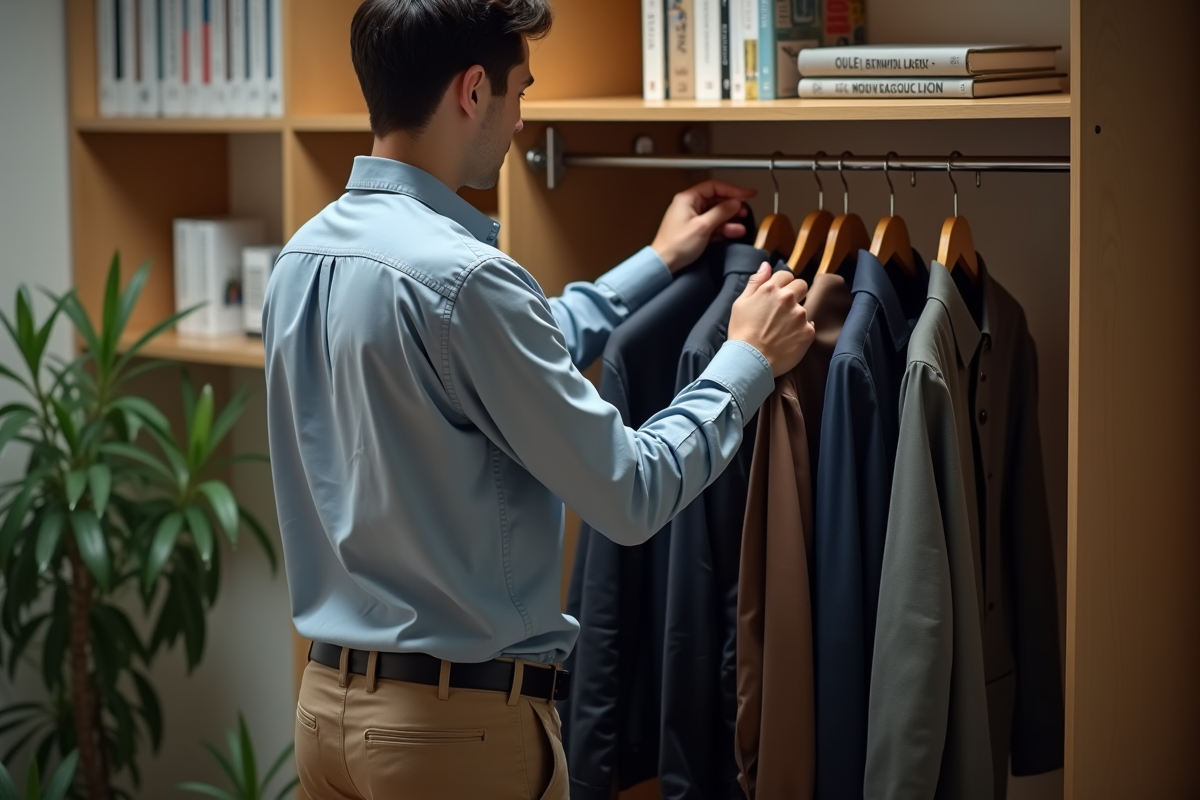 Jeune homme réorganisant ses vestes dans un petit appartement