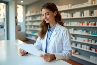 Jeune pharmacienne diplômée derrière le comptoir de sa nouvelle pharmacie à Nice, consultant une ordonnance avec professionnalisme