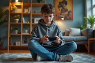 Jeune adulte jouant à une console portable dans un salon cosy