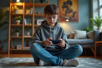 Jeune adulte jouant à une console portable dans un salon cosy