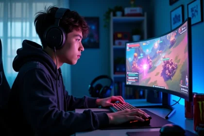 Joueur solo concentré devant son écran de jeu League of Legends en session de tryhard
