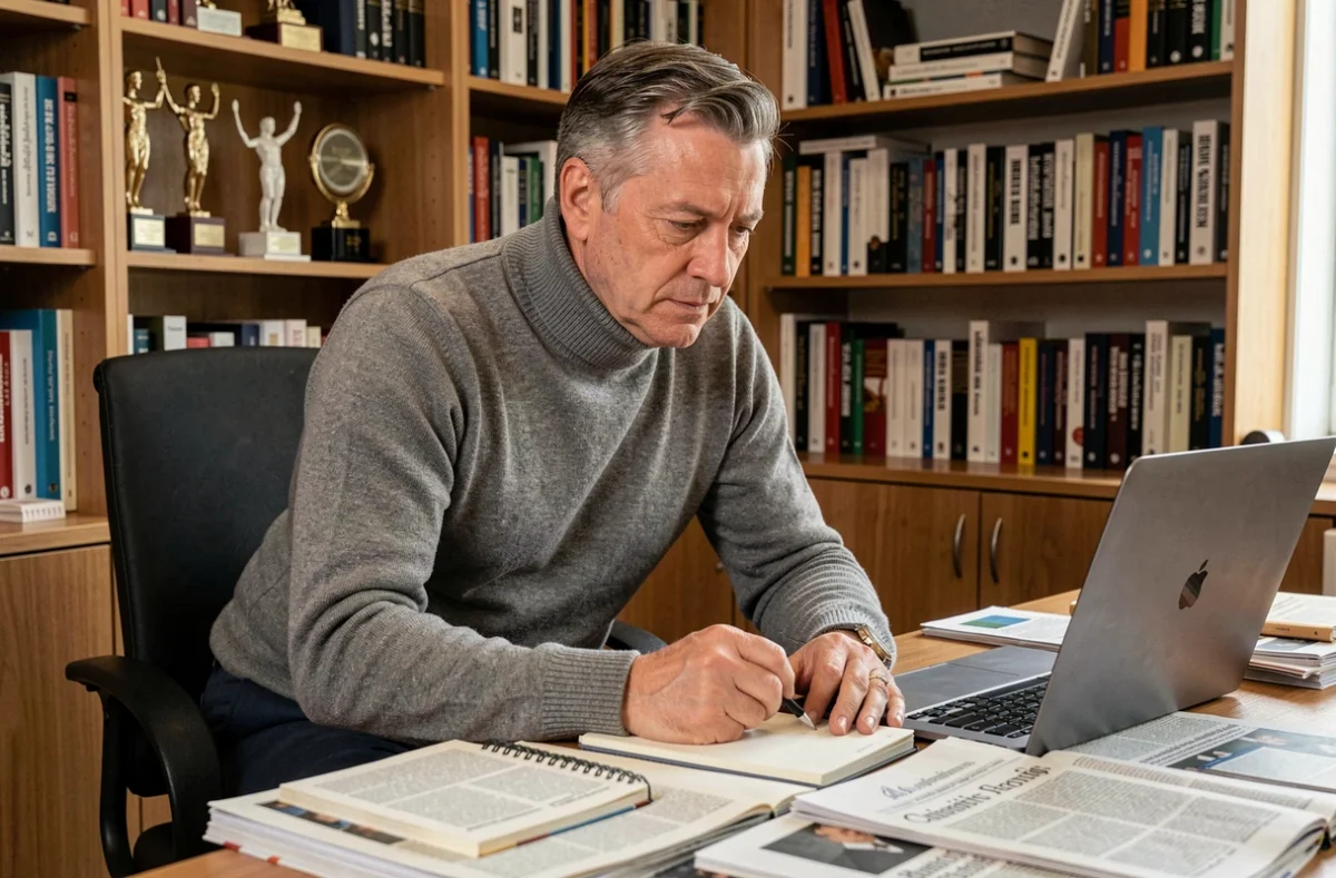 Journaliste expérimenté à son bureau éditorial entouré de journaux et de livres, illustrant une riche trajectoire médiatique