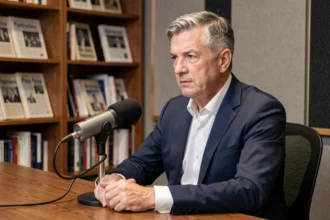 Journaliste professionnel assis dans un studio radio avec microphone, évoquant une longue carrière médiatique