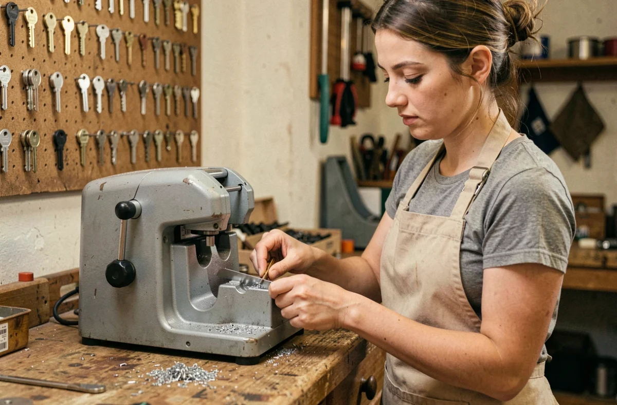 Artisane reproduisant une clé sur une machine professionnelle dans l'atelier de La Clef d'Or à Dijon
