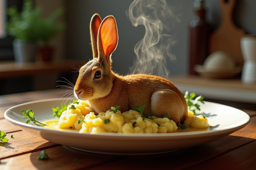 Lapin gourmet à la moutarde avec purée et herbes