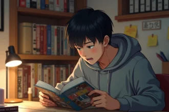 Jeune homme lisant un tome de manga One Piece à son bureau entouré de volumes manga