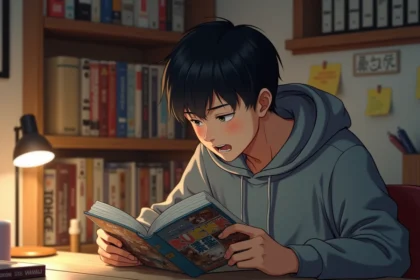 Jeune homme lisant un tome de manga One Piece à son bureau entouré de volumes manga