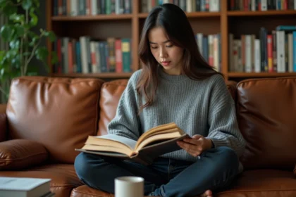 Jeune femme lisant un manga de la série Epsilon BL confortablement installée sur un canapé en cuir dans un appartement chaleureux rempli de livres