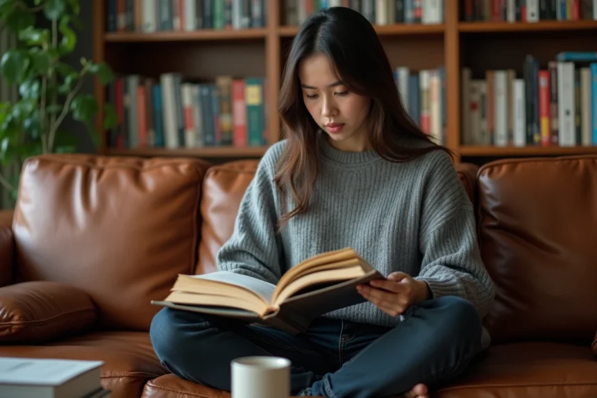 Jeune femme lisant un manga de la série Epsilon BL confortablement installée sur un canapé en cuir dans un appartement chaleureux rempli de livres