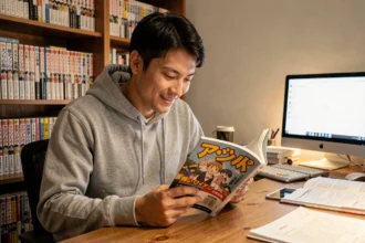 Jeune homme lisant un manga japonais assis à son bureau entouré de volumes de manga