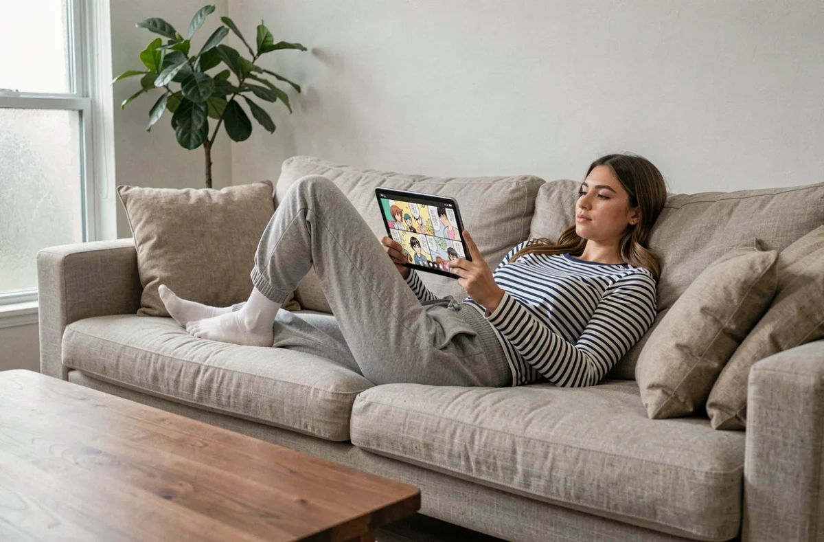 Jeune femme lisant des scans One Piece sur une tablette confortablement installée dans un salon moderne
