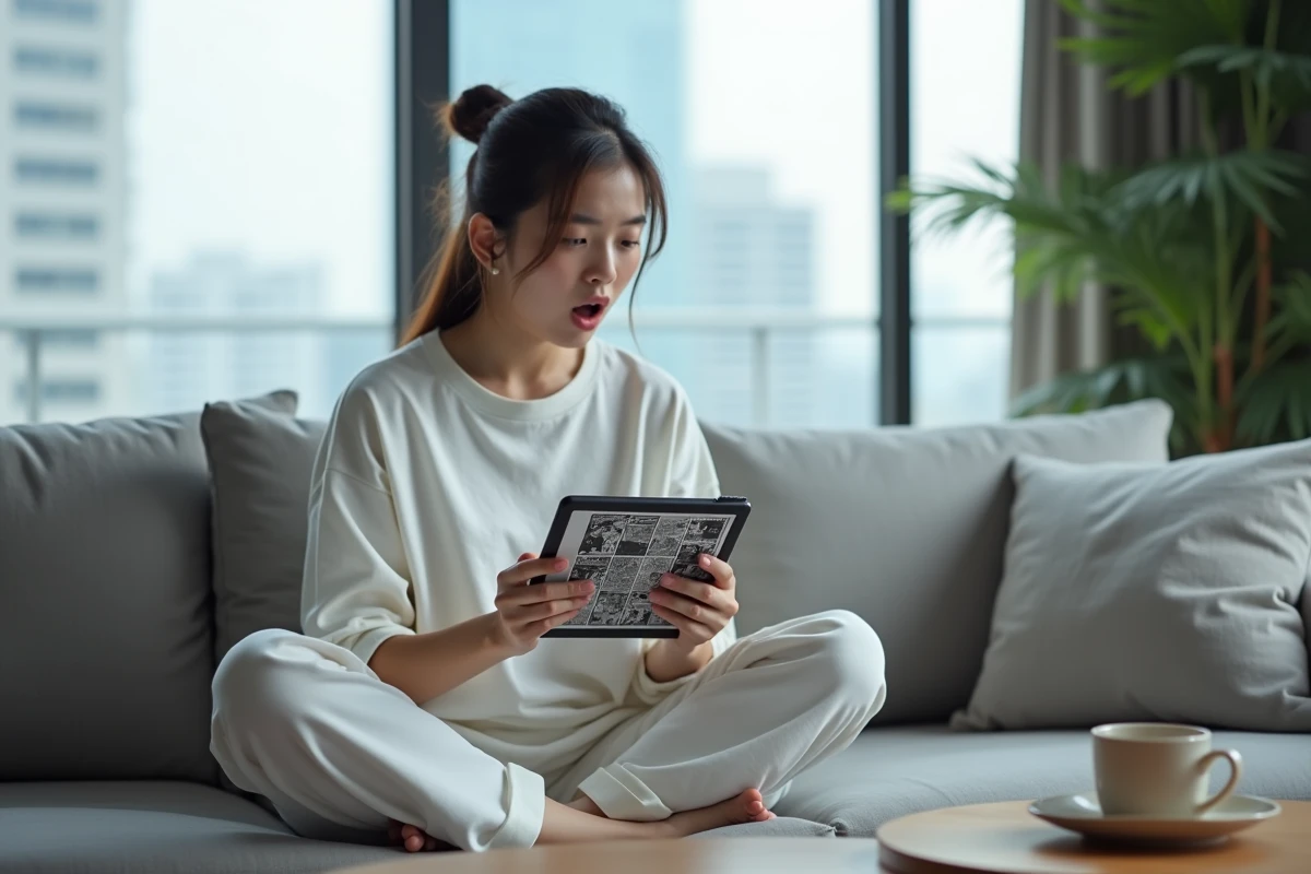 Jeune femme lisant One Piece sur tablette dans un salon moderne avec interface manga numérique