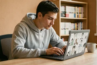Jeune homme lisant des scans de manga en ligne sur un ordinateur portable dans un bureau à domicile