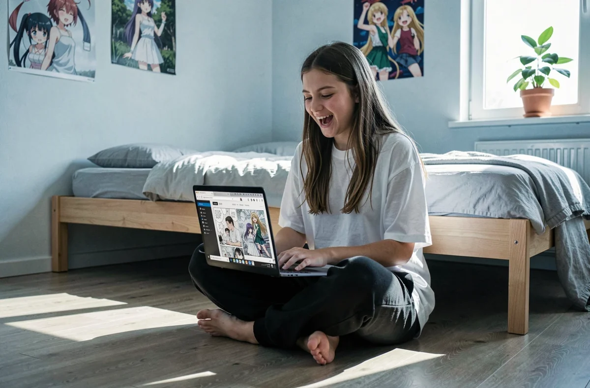 Adolescente lisant un scan de manga en ligne sur son ordinateur portable dans sa chambre