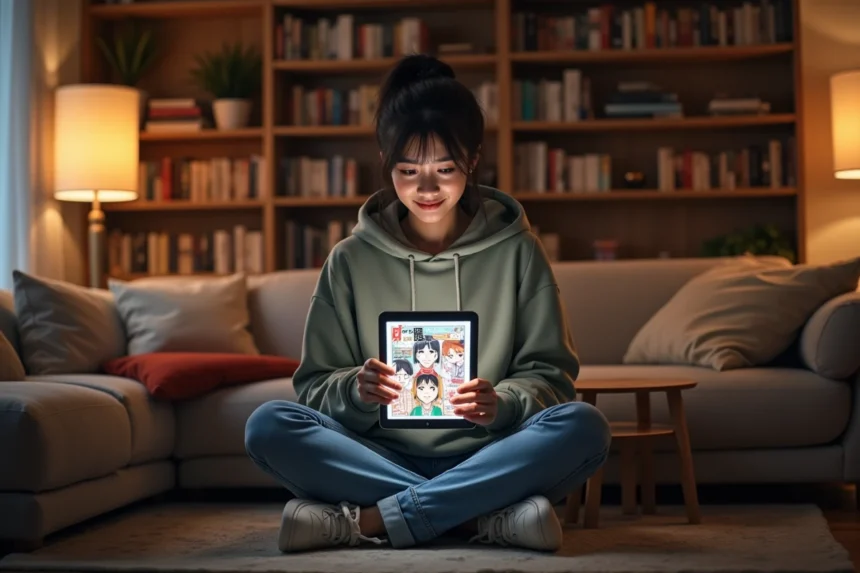 Jeune femme lisant des scans manga en ligne sur une tablette dans un salon cosy avec des étagères remplies de mangas