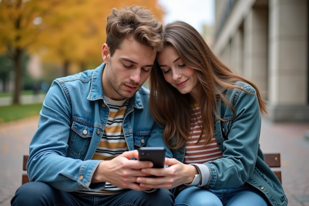 Deux jeunes adultes lisant ensemble des scans manga en français sur un smartphone assis sur un banc de campus universitaire en automne