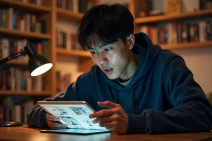 Jeune homme lisant le scan One Piece en français sur une tablette dans sa chambre