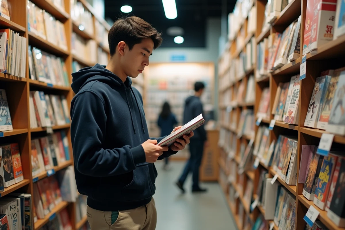 Jeune homme consultant les volumes d'une série manga BL dans le rayon d'une librairie spécialisée, illustrant la recherche de l'ordre de lecture