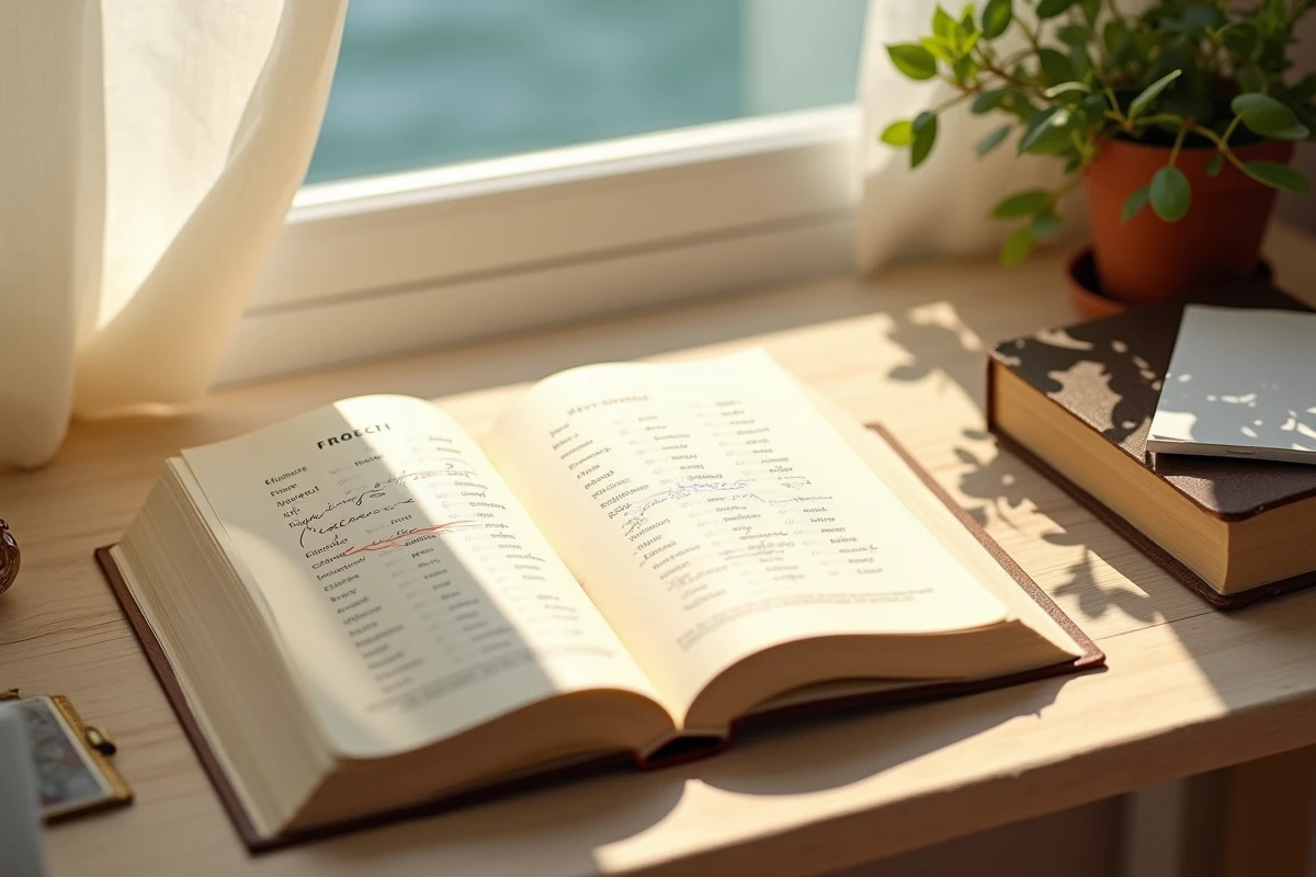 Livre de grammaire française ouvert montrant l'accord féminin pluriel du mot vacances sur un bureau estival