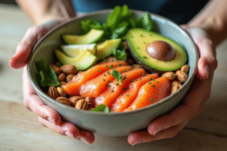 Mains saines tenant un bol de saumon frais et avocats