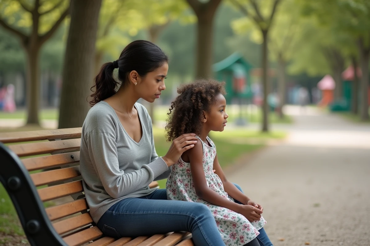 Maman et sa fille dans un parc urbain en été