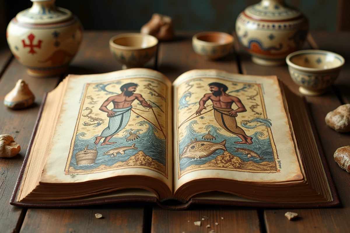 Manuscrit grec ancien illustrant le dieu de la mer avec trident entouré de créatures mythologiques marines