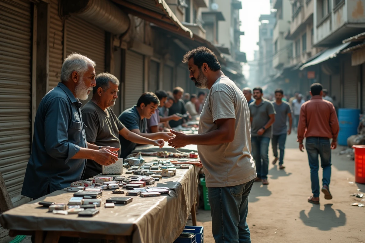 Marché informel en plein air dans un quartier urbain défavorisé avec commerce parallèle et vente à la sauvette