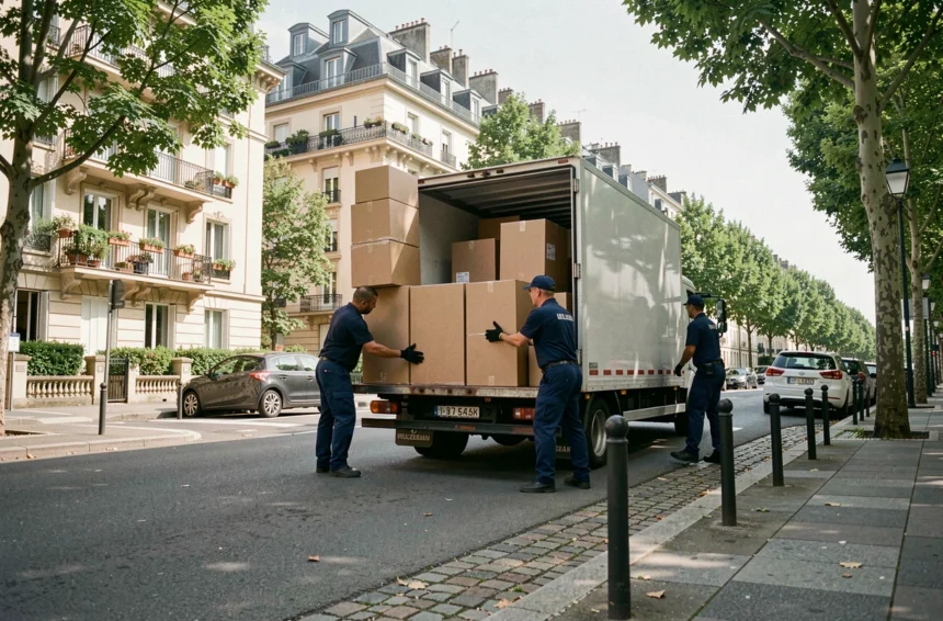 Équipe de déménageurs professionnels chargeant un camion dans une rue résidentielle de Villeurbanne
