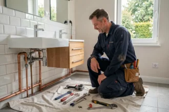 Un plombier professionnel travaille sur une installation de plomberie dans une salle de bain résidentielle dans la Sarthe