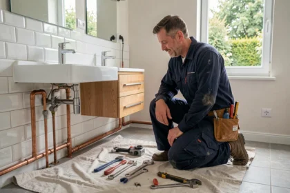 Un plombier professionnel travaille sur une installation de plomberie dans une salle de bain résidentielle dans la Sarthe