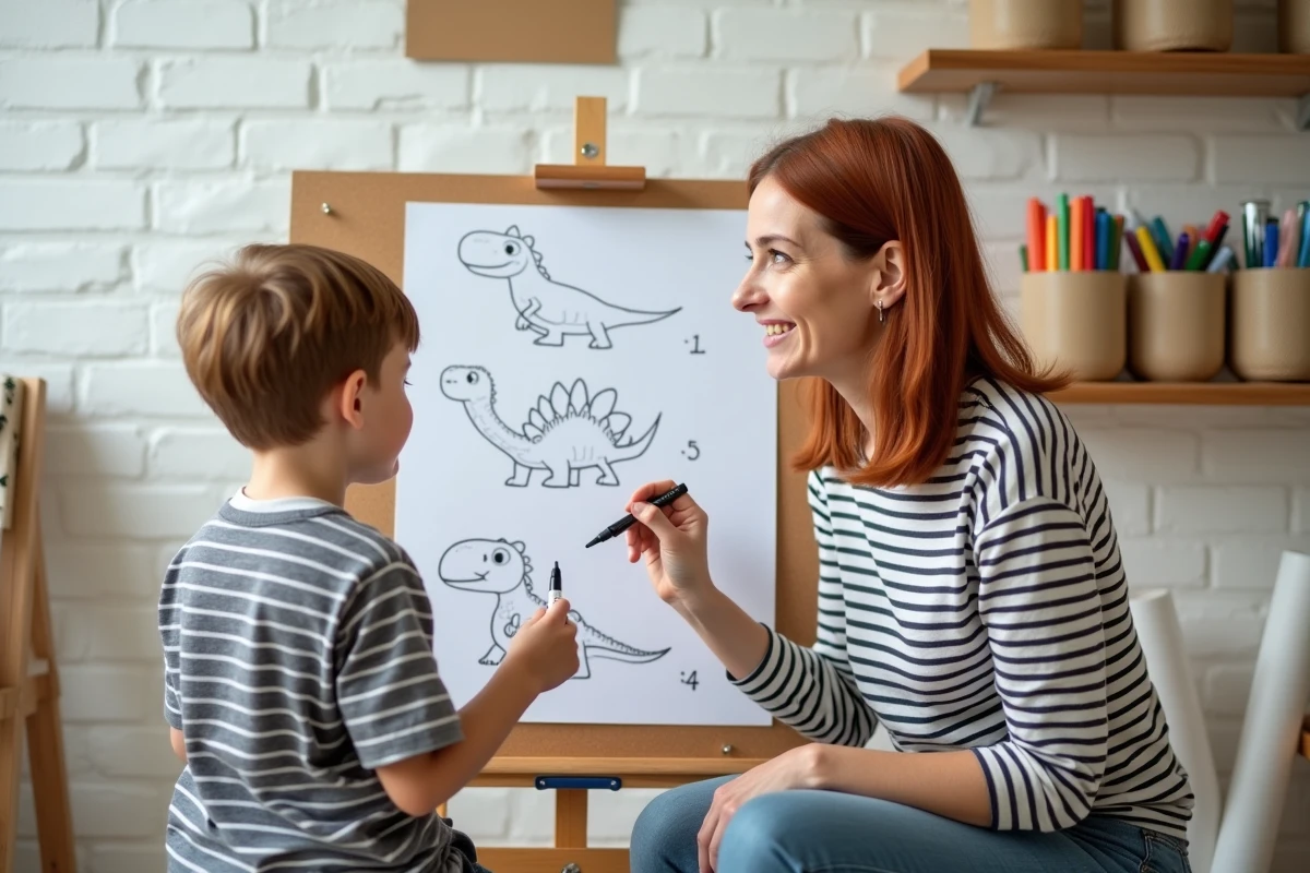 Mère aidant son enfant à suivre un guide de dessin de dinosaure affiché sur un tableau en liège dans un coin artistique