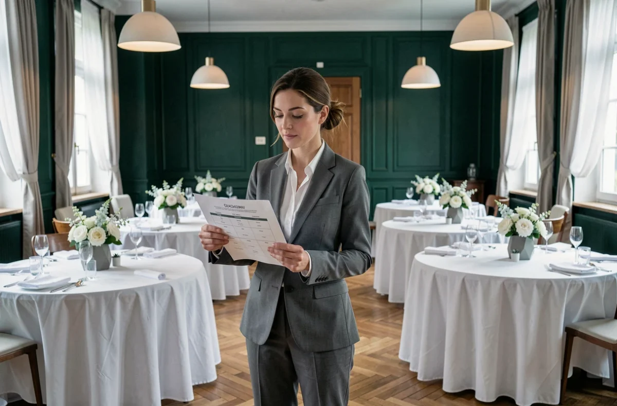 Organisatrice d'événements en costume gris dans une salle de réception décorée en Essonne pour Modern Events