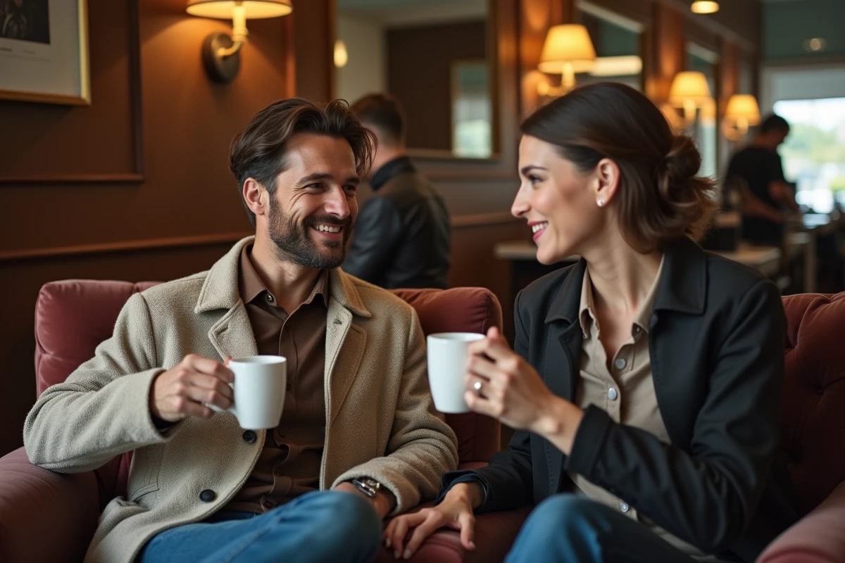 Homme et femme discutant avec café dans un salon cosy