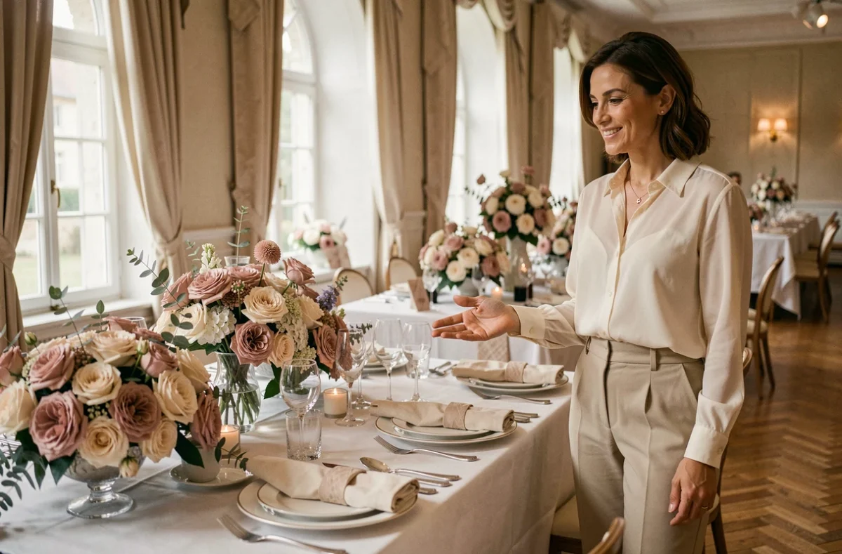 Wedding planner élégante présentant une table de réception de mariage décorée en Essonne pour MT Wedding Planner
