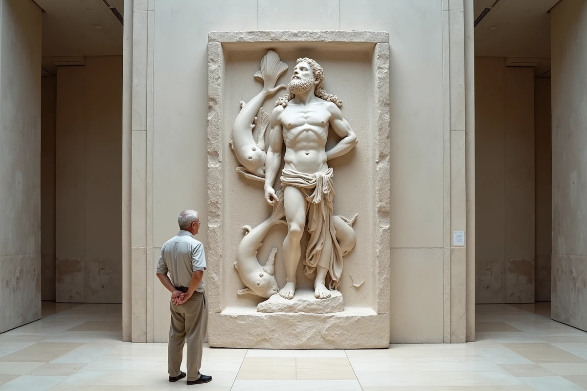Visiteur de musée observant un bas-relief en marbre représentant Poséidon dieu grec de la mer en style classique