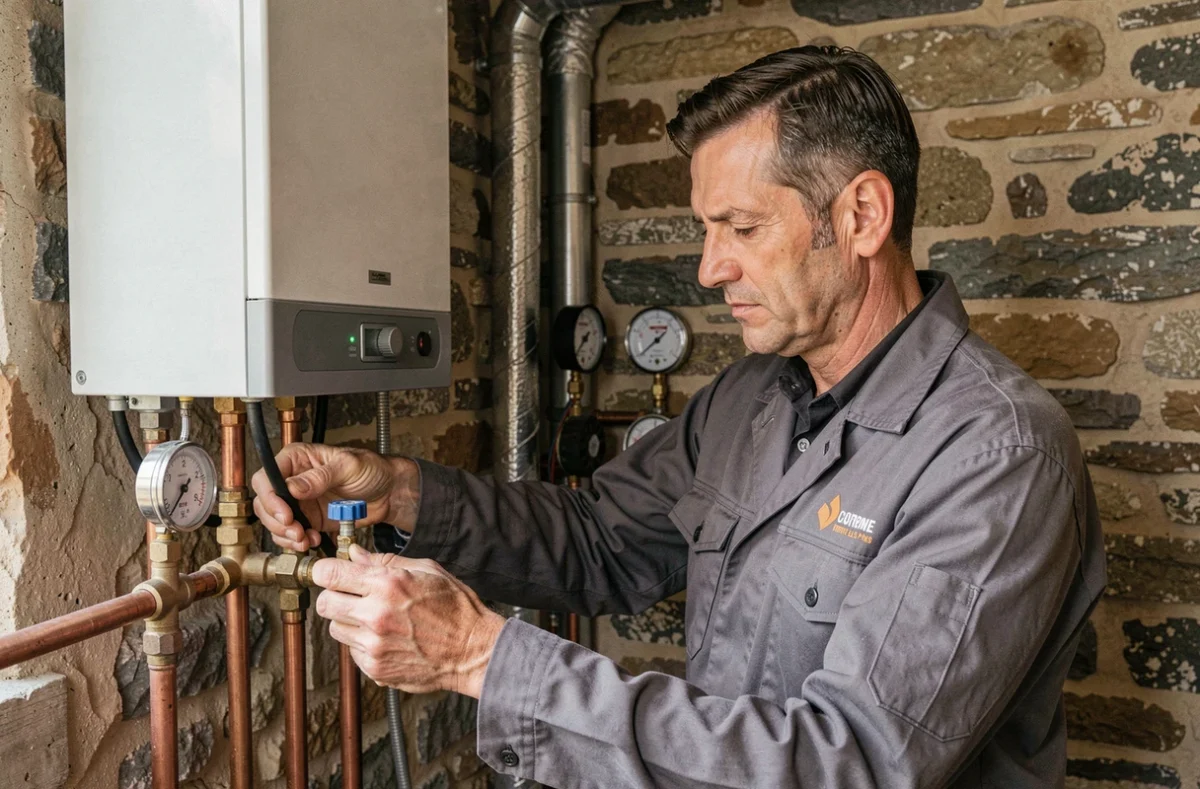 Plombier chauffagiste inspectant une chaudière à gaz dans une maison rurale près de Brette-les-Pins