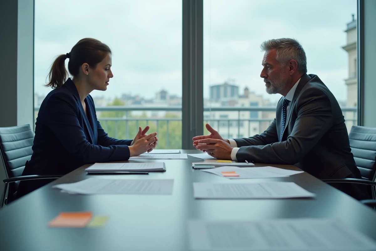 Deux professionnels en négociation contractuelle autour d'une table de réunion, symbolisant les obligations d'information précontractuelle et les risques de responsabilité civile