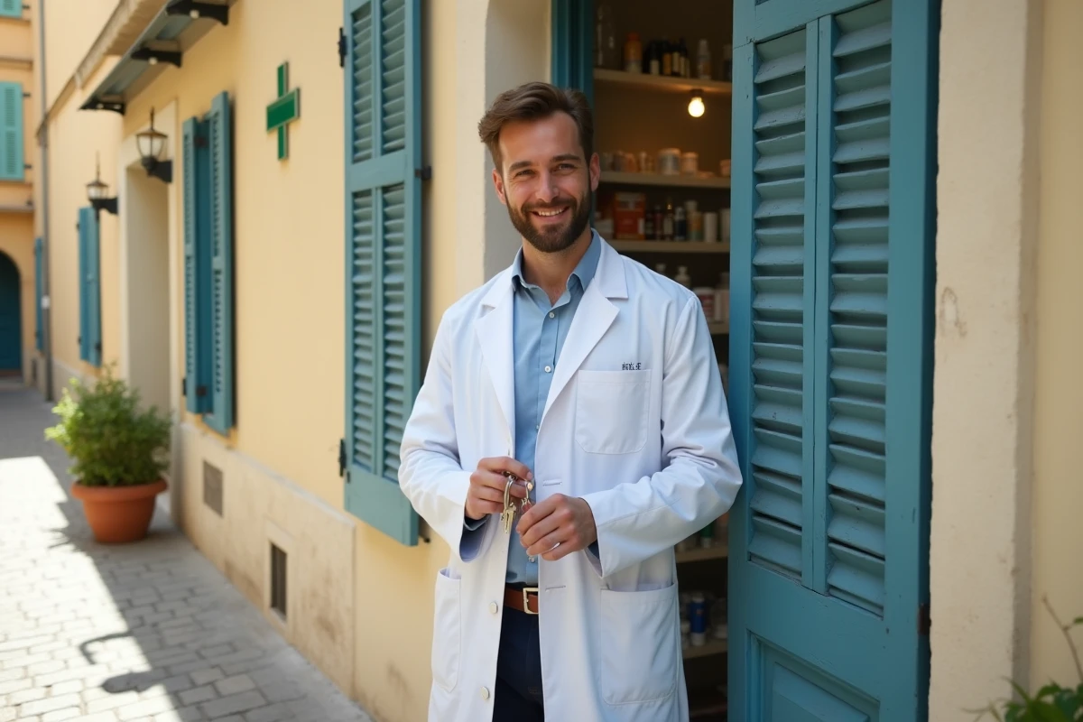 Jeune pharmacien tenant les clés de sa pharmacie nouvellement ouverte devant une façade typique de Nice