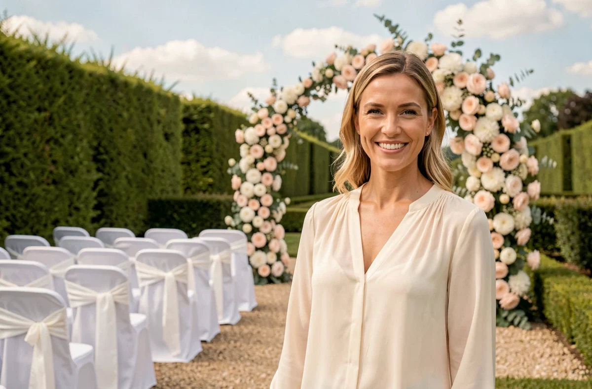 Wedding planner souriante devant une arche florale de mariage dans un jardin à Vigneux-sur-Seine pour One More Dream