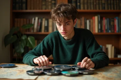 Un homme organise les films Le Hobbit en ordre chronologique sur un bureau couvert de cartes fantasy et de notes manuscrites