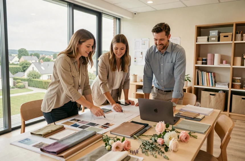 Équipe d'organisateurs d'événements en Essonne autour d'une table de planification avec moodboards et échantillons