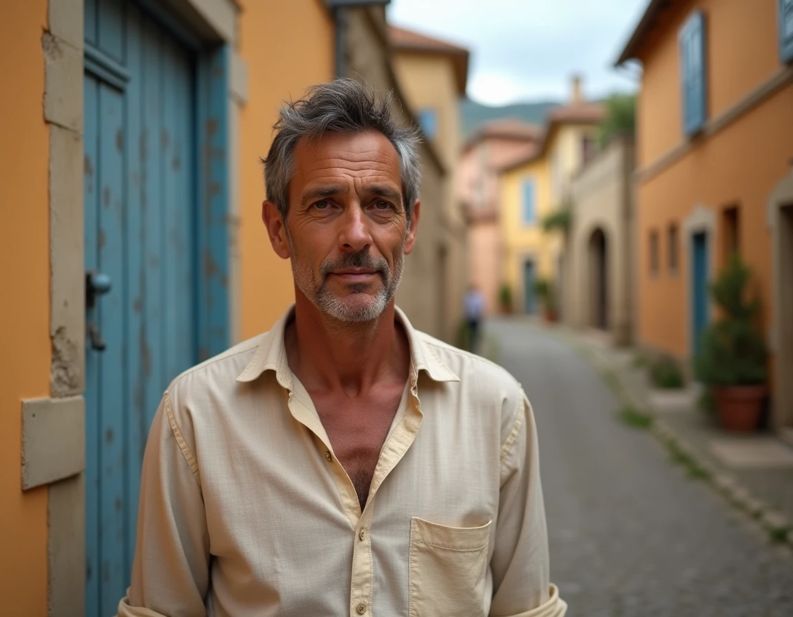 Homme d'âge mûr aux traits méditerranéens devant une façade de village provençal aux murs ocre et volets bleus délavés évoquant ses racines du sud de la France
