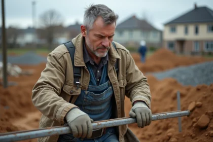 Ouvrier de construction inspectant des barres d'armature en extérieur