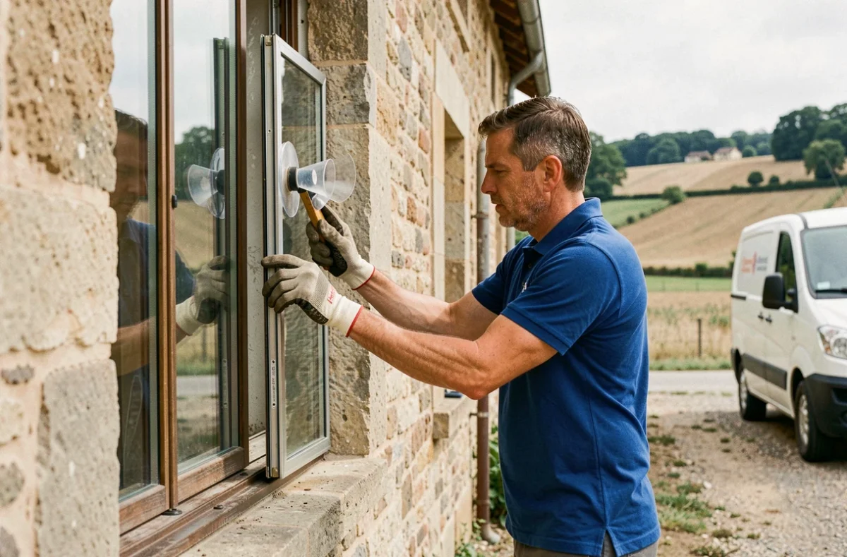 Vitrier-serrurier de Pacalu Vitrages posant un vitrage sur un bâtiment en Côte-d'Or